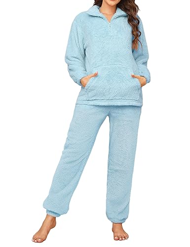 Tuopuda Damen Pyjama Lang Flauschig Warm Fleece Set, Weihnachts PjS Für Women Einfarbig Sleepwear Freizeitanzug mit Tasche Kuschelig Polar PjS Geschenk für Frauen, Blau, L von Tuopuda