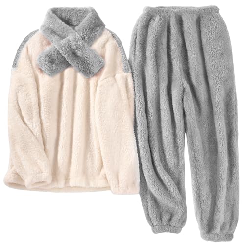 Tuopuda Damen Pyjama Lang Flauschig Winter Loungewear Set Nachtwäsche, Weihnachts PjS Für Frauen Sleepwear Freizeitanzug mit Tasche, Grau, XL von Tuopuda