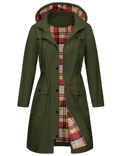 Tuopuda Regenjacke Damen Wasserdichte Übergangsjacke Lange Regenmante Windbreaker Jacke Leicht mit Abnehmbare Kapuze Regenparka Atmungsaktiv für Frühling Sommer Herbst, Armeegrün, XL von Tuopuda