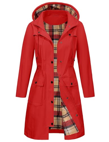 Tuopuda Regenjacke Damen Wasserdichte Übergangsjacke Lange Regenmante Windbreaker Jacke Leicht mit Abnehmbare Kapuze Regenparka Atmungsaktiv für Frühling Sommer Herbst, Rot, XL von Tuopuda