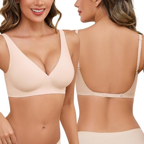 Tuopuda Rückenfrei BH Damen Ohne Bügel Multiway Träger BH Bralette mit V-Ausschnit Push Up Bra mit Niedrigem Rücken Invisible Soft Glatter BH Unsichtbarer BH für Rückenfreie Kleider(Beige,L) von Tuopuda