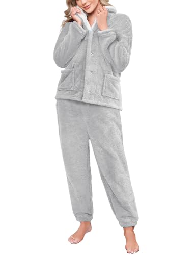 Tuopuda Schlafanzug Damen Lang Pyjama Set Thermo Fleece Winter, Zweiteiliger Set Loungewear Flauschig Warm Weihnachtspullover mit Schlafanzughosen Hausanzug Oberteile Langarm, Grau, XL von Tuopuda
