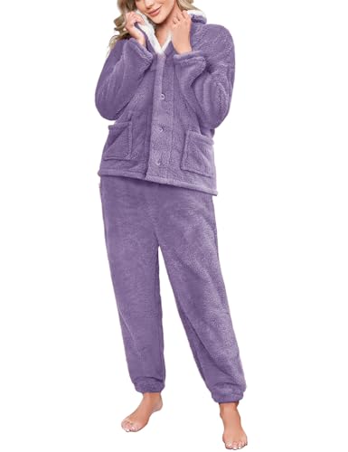 Tuopuda Schlafanzug Damen Lang Pyjama Set Thermo Fleece Winter, Zweiteiliger Set Loungewear Flauschig Warm Weihnachtspullover mit Schlafanzughosen Hausanzug Oberteile Langarm, Lila, L von Tuopuda