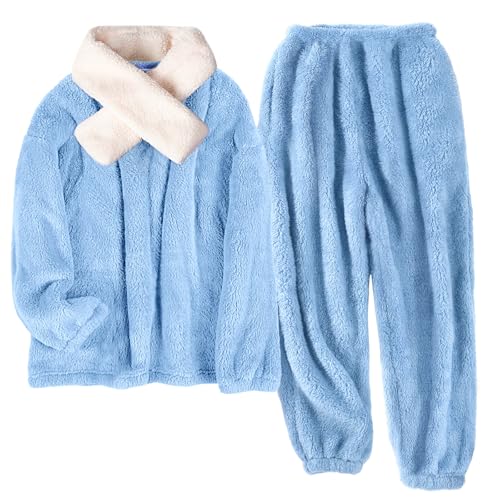 Tuopuda Schlafanzug Damen Lang Pyjama Set Winter, Thermo Fleece Hausanzug Kuschelig mit Schal Warm Nachtwäsche Zweiteiler Flauschig, Winter Oberteile Langarm mit Schlafanzug Hosen, Blau-2, XXL von Tuopuda