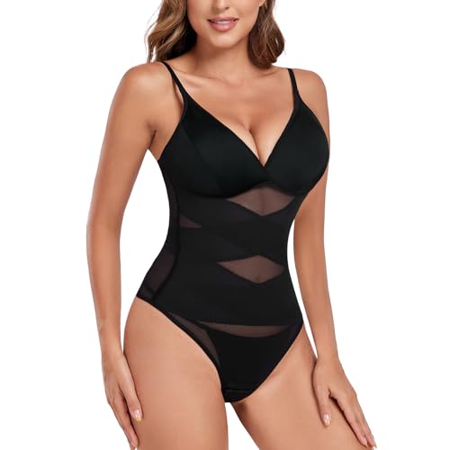 Tuopuda Shapewear Damen Bauchweg Body Shaper, Stringbody mit BH Bodysuit Women Formender Body Sculpting Shaping Top V-Ausschnitt Jumpsuit Figurformender Tanga Thong, Schwarz, L von Tuopuda