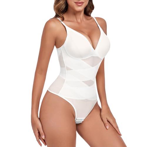 Tuopuda Shapewear Damen Bauchweg Body Shaper, Stringbody mit BH Bodysuit Women Formender Body Sculpting Shaping Top V-Ausschnitt Jumpsuit Figurformender Tanga Thong, Weiß, XL von Tuopuda