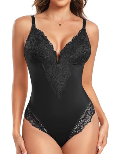 Tuopuda Shapewear Damen Bauchweg Body Shaper Shaping Bodysuit Women Formender Stringbody mit Abnehmbares Brustpolster Tanga Miederbody Sculpting Figurenformend Bodys, Schwarz, M von Tuopuda