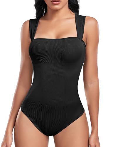 Tuopuda Shapewear Damen Bauchweg Body Shaper mit Druckknopf Shaping Bodysuit Women Formender Body Sculpting Ribbed Shape Miederbody Tank Top Square Neck Figurenformend Bodys, Schwarz, L von Tuopuda