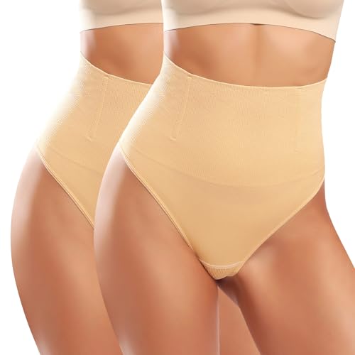 Tuopuda Shapewear Damen Bauchweg Unterhose Mieder String Tanga Slip Miederhose Mittlere Taille Miederslip Figurformende Shaping Unterwäsche Miederpants Nahtlos Body Shaper, Beige*2, M von Tuopuda