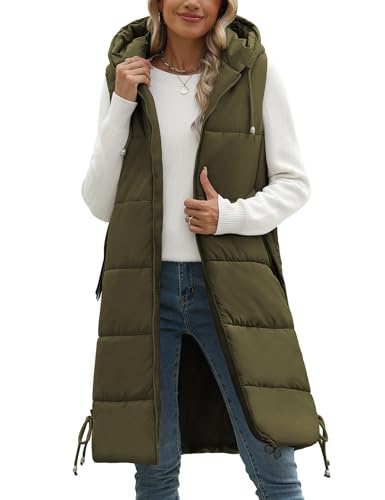 Tuopuda Steppweste Damen Lang Gefütterte Winterweste Outdoor mit Taschen Gilet Wintermäntel Pufferjacken Ärmellos Steppjacke Hooded Mantel Übergangsjacke Parka Geschenk für Frauen, Armeegrün, XL von Tuopuda