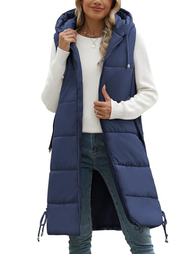 Tuopuda Steppweste Damen Lang Gefütterte Winterweste Outdoor mit Taschen Gilet Wintermäntel Pufferjacken Ärmellos Steppjacke Hooded Mantel Übergangsjacke Parka Geschenk für Frauen, Marine, XL von Tuopuda