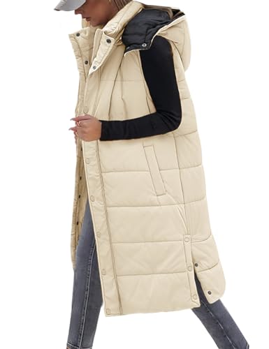 Tuopuda Steppweste Damen Lang Gefütterte Winterweste Outdoor mit Taschen Gilet Wintermäntel Pufferjacken Ärmellos Steppjacke Zip Up Mantel Übergangsjacke Parka Geschenk für Frauen, Khaki, M von Tuopuda