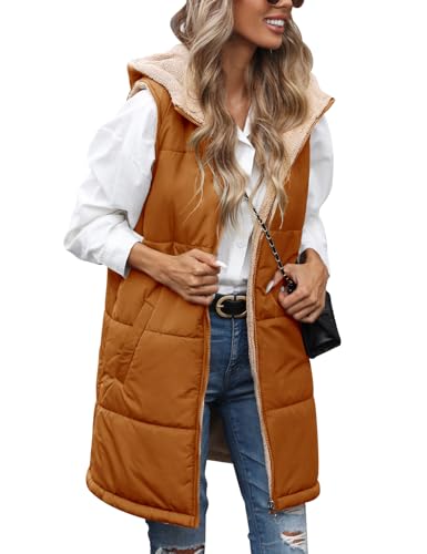 Tuopuda Steppweste Damen Lange Leichte Weste mit Kapuze Ärmellos Winterjacke Warm Übergangsweste Jacke Kapuzenweste Winteroberbekleidung Reißverschluss, Hellbraun, XL von Tuopuda