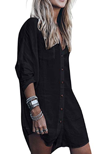 Tuopuda Strandkleid Damen Strandponcho V-Ausschnitt Sommerkleider Lang Strand Vertuschen Shirt Bikini Cover Up mit Tasten Longshirt Strandhemd Bademode Sommer Bluse Hemd, Schwarz, Einheitsgröße von Tuopuda