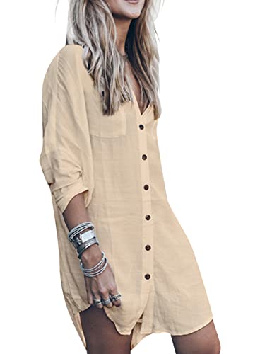 Tuopuda Strandkleid Damen Strandponcho V-Ausschnitt Sommerkleider Lang Strand Vertuschen Shirt Bikini Cover Up mit Tasten Longshirt Strandhemd Bademode Sommer Bluse Hemd, Beige, Einheitsgröße von Tuopuda