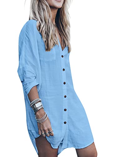 Tuopuda Strandkleid Damen Strandponcho V-Ausschnitt Sommerkleider Lang Strand Vertuschen Shirt Bikini Cover Up mit Tasten Longshirt Strandhemd Bademode Sommer Bluse Hemd, Blau, Einheitsgröße von Tuopuda