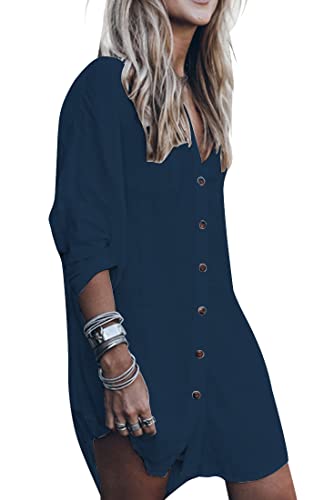 Tuopuda Strandkleid Damen Strandponcho V-Ausschnitt Sommerkleider Lang Strand Vertuschen Shirt Bikini Cover Up mit Tasten Longshirt Strandhemd Bademode Sommer Bluse Hemd, Marine, Einheitsgröße von Tuopuda