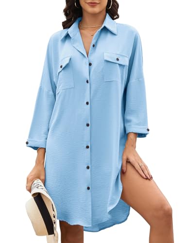 Tuopuda Strandkleid Damen V-Ausschnitt Sommerkleider Bluse Sommer Strandponcho Tunika Kleid mit Knopfleiste Langarm Bademode Strand Vertuschen Shirt Bikini Cover Up, Blau, L von Tuopuda