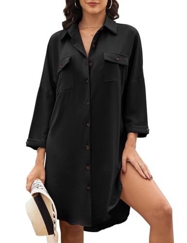 Tuopuda Strandkleid Damen V-Ausschnitt Sommerkleider Bluse Sommer Strandponcho Tunika Kleid mit Knopfleiste Langarm Bademode Strand Vertuschen Shirt Bikini Cover Up, Schwarz, L von Tuopuda