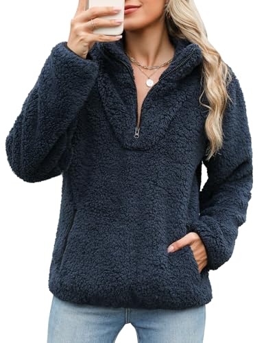 Tuopuda Sweatshirt Damen ohne Kapuze Flanell Women's Jumpers mit Reißverschluss Weihnachtspullover Hoodie Kuschelpullover Herbst Outfit Geschenk für Frauen Mama Teenager Mädchen, Marine, XL von Tuopuda