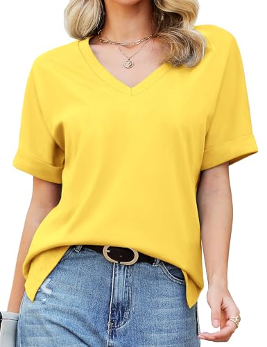 Tuopuda T-Shirt Damen Sommer Kurzarm V-Ausschnitt Oberteile Baumwolle Lose Basic Tops Blusen Shirt Mädchen Freizeit Tunika Verabredung Einkaufen Arbeit Strand Urlaub Partys Café S-2XL, Gelb, S von Tuopuda