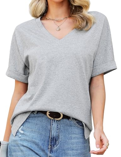 Tuopuda T-Shirt Damen Sommer Kurzarm V-Ausschnitt Oberteile Baumwolle Lose Basic Tops Blusen Shirt Mädchen Freizeit Tunika Verabredung Einkaufen Arbeit Strand Urlaub Partys Café S-2XL, Grau, XL von Tuopuda