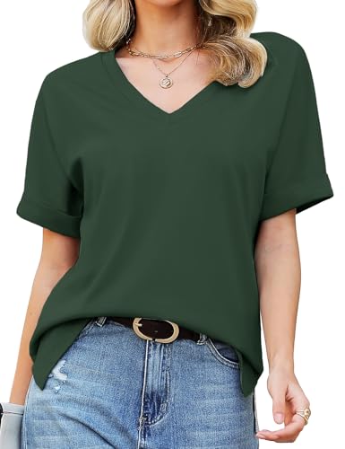Tuopuda T-Shirt Damen Sommer Kurzarm V-Ausschnitt Oberteile Baumwolle Lose Basic Tops Blusen Shirt Mädchen Freizeit Tunika Verabredung Einkaufen Arbeit Strand Urlaub Partys Café S-2XL, Grün, S von Tuopuda