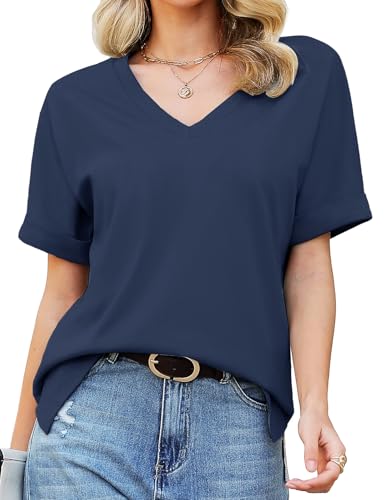 Tuopuda T-Shirt Damen Sommer Kurzarm V-Ausschnitt Oberteile Baumwolle Lose Basic Tops Blusen Shirt Mädchen Freizeit Tunika Verabredung Einkaufen Arbeit Strand Urlaub Partys Café S-2XL, Marine, S von Tuopuda