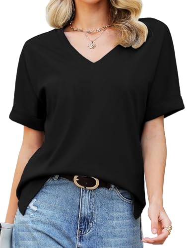 Tuopuda T-Shirt Damen Sommer Kurzarm V-Ausschnitt Oberteile Baumwolle Lose Basic Tops Blusen Shirt Mädchen Freizeit Tunika Verabredung Einkaufen Arbeit Strand Urlaub Partys Café S-2XL, Schwarz, L von Tuopuda