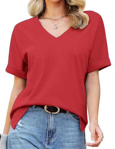Tuopuda T-Shirt Damen Sommer Kurzarm V-Ausschnitt Oberteile Baumwolle Lose Basic Tops Blusen Shirt Mädchen Freizeit Tunika Verabredung Einkaufen Arbeit Strand Urlaub Partys Café S-2XL, Weinrot, M von Tuopuda