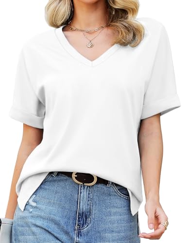 Tuopuda T-Shirt Damen Sommer Kurzarm V-Ausschnitt Oberteile Baumwolle Lose Basic Tops Blusen Shirt Mädchen Freizeit Tunika Verabredung Einkaufen Arbeit Strand Urlaub Partys Café S-2XL, Weiß, L von Tuopuda