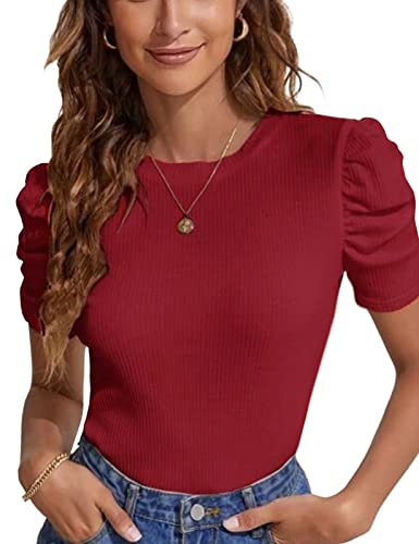 Tuopuda T-Shirt Damen Sommer Oberteile Rundhalsausschnitt Tops Kurzarm Bluse Elegant Basic Shirts mit Puffärmel Freizeit Tunika Hemd Stretch-Jersey Damenbluse für Frühling Sommer Herbst, Weinrot, S von Tuopuda