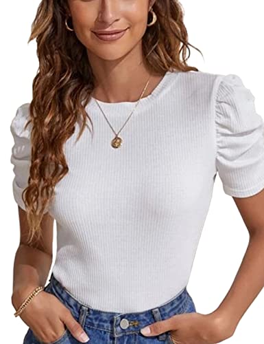 Tuopuda T-Shirt Damen Sommer Oberteile Rundhalsausschnitt Tops Kurzarm Bluse Elegant Basic Shirts mit Puffärmel Freizeit Tunika Hemd Stretch-Jersey Damenbluse für Frühling Sommer Herbst, Weiß, M von Tuopuda