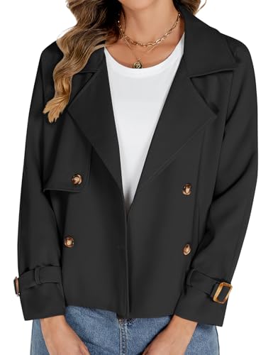 Tuopuda Trench Coat Women Kurz Trenchcoat Damen Schwarz Frühlingsmantel Elegant mit Taschen Knöpfen Lässig Locker Solid Herbstmantel Übergangsjacke Langarm Leichte Coat, Schwarz, M von Tuopuda
