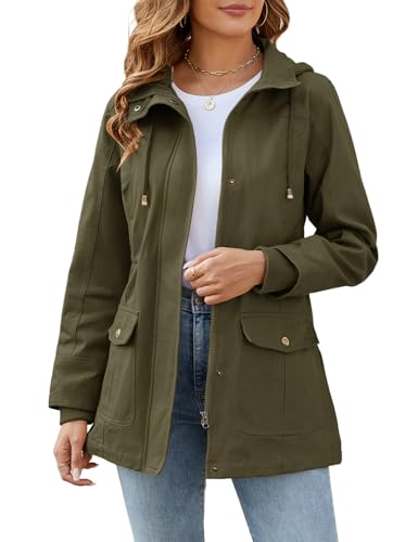 Tuopuda Übergangsjacke Damen Baumwolle Jacke Übergang Stehkragen Mantel Parka Jacket mit Kapuze mit Kordelzug Übergangsmantel Hooded Oberbekleidung für Frühling Sommer Herbst, Armeegrün, L von Tuopuda