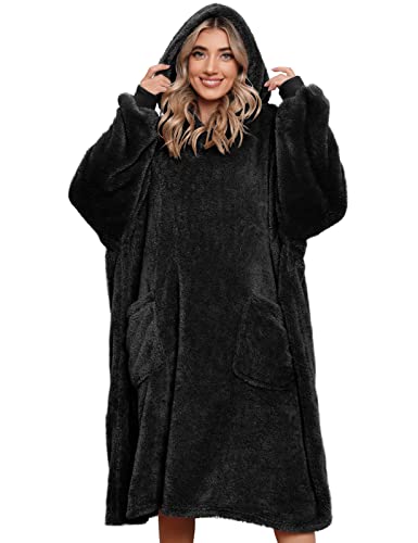 Tuopuda Übergroße Hoodie Sweatshirt Damen Herren Decke Sweatshirt Pullover mit Kapuze Langarm Kapuzenpullover Oversized Pulli mit Taschen Super Weiche Gemütliche Warme Riesen-Hoodie Shirt, Schwarz von Tuopuda