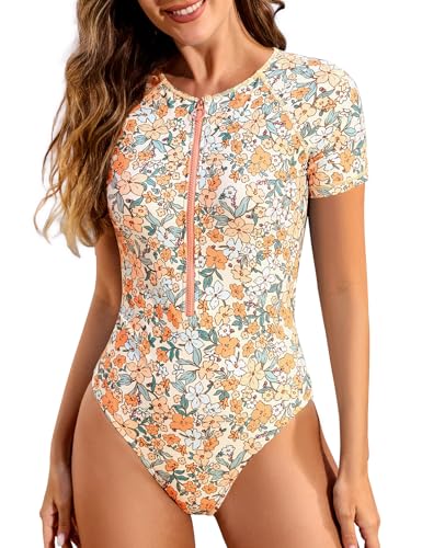 Tuopuda UV Shirt Damen Schwimmshirt Kurzarm Rash Guard mit Zip UPF 53+ UV Schutz Rashguards Badeshirt Langarmshirts Sportshirt für Wasser Strand Surfen Schwimmen S-XXL, Orange, L von Tuopuda