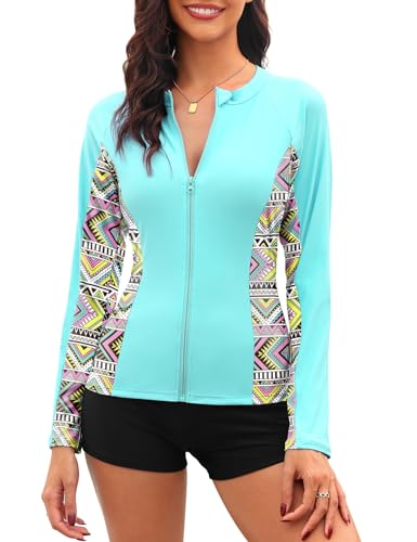 Tuopuda UV Shirt Damen Schwimmshirt Langarm Rash Guard mit Zip UPF 50+ UV Schutz Rashguards Badeshirt Langarmshirts Sportshirt für Wasser Strand Surfen Schwimmen S-XXL, Hellblau, S von Tuopuda