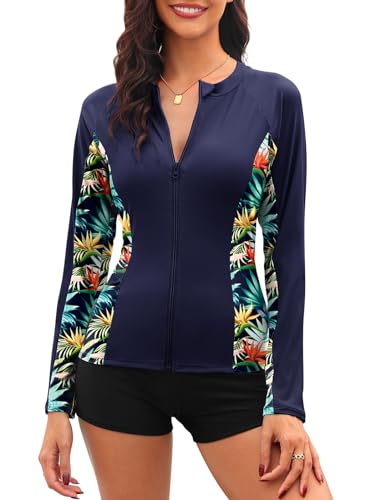 Tuopuda UV Shirt Damen Schwimmshirt Langarm Rash Guard mit Zip UPF 50+ UV Schutz Rashguards Badeshirt Langarmshirts Sportshirt für Wasser Strand Surfen Schwimmen S-XXL, Marine, XXL von Tuopuda