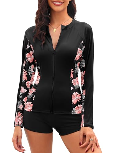 Tuopuda UV Shirt Damen Schwimmshirt Langarm Rash Guard mit Zip UPF 50+ UV Schutz Rashguards Badeshirt Langarmshirts Sportshirt für Wasser Strand Surfen Schwimmen S-XXL, Schwarz-B, XL von Tuopuda