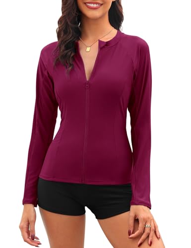 Tuopuda UV Shirt Damen Schwimmshirt Langarm Rash Guard mit Zip UPF 50+ UV Schutz Rashguards Badeshirt Langarmshirts Sportshirt für Wasser Strand Surfen Schwimmen S-XXL, Weinrot, L von Tuopuda