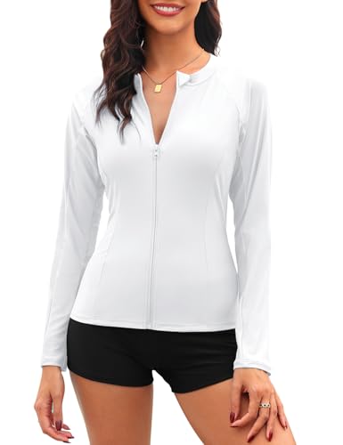 Tuopuda UV Shirt Damen Schwimmshirt Langarm Rash Guard mit Zip UPF 50+ UV Schutz Rashguards Badeshirt Langarmshirts Sportshirt für Wasser Strand Surfen Schwimmen S-XXL, Weiß, M von Tuopuda