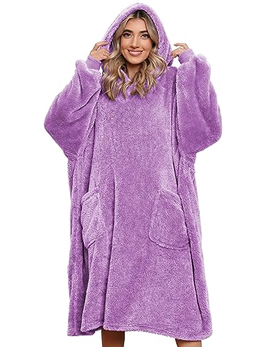 Tuopuda Weihnachtspullover Damen Herren Oversized Pullover mit Kapuze Handschuhe, Riesen Hoodie Sweatshirt Kuscheldecke Flauschig mit Ärmeln, Geschenk für Mama Papa, Lila von Tuopuda