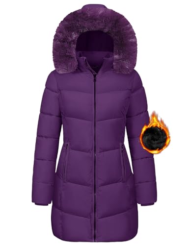 Tuopuda Winterjacke Damen Lang Wintermäntel Damen Warm Winter Slim Fit Jacke Mantel Fleece Gefüttert Daunenmantel Parka Steppmantel Winterparka Outdoorjacke mit Kapuze Übergangsjacke, Lila, XXL von Tuopuda