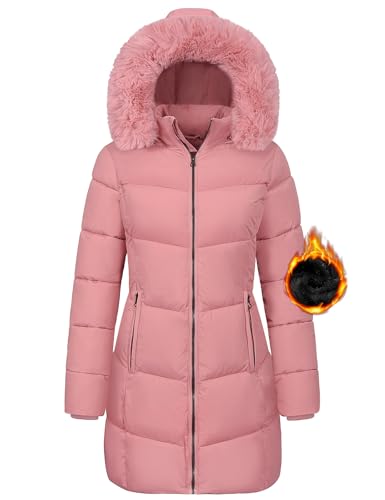 Tuopuda Winterjacke Damen Lang Wintermäntel Damen Warm Winter Slim Fit Jacke Mantel Fleece Gefüttert Daunenmantel Parka Steppmantel Winterparka Outdoorjacke mit Kapuze Übergangsjacke, Rosa, XXL von Tuopuda