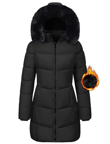 Tuopuda Winterjacke Damen Lang Wintermäntel Damen Warm Winter Slim Fit Jacke Mantel Fleece Gefüttert Daunenmantel Parka Steppmantel Winterparka Outdoorjacke mit Kapuze Übergangsjacke, Schwarz, XL von Tuopuda