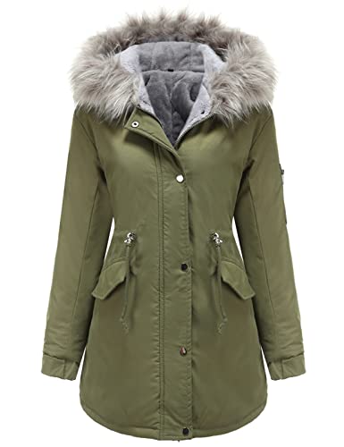 Tuopuda Winterjacke Damen Lang Wintermantel Warm Winter Jacke mit Kapuze Reißverschluss Parka Fleece Gefüttert Mantel Langarm Hooded Jacket Schwarz Kapuzenjacke, Grün, S von Tuopuda