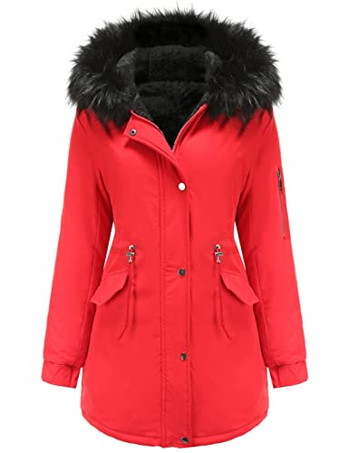 Tuopuda Winterjacke Damen Lang Wintermantel Warm Winter Jacke mit Kapuze Reißverschluss Parka Fleece Gefüttert Mantel Langarm Hooded Jacket Schwarz Kapuzenjacke, Rot, XXL von Tuopuda