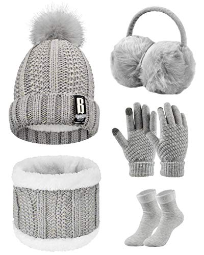 Tuopuda Wintermütze Handschuhe Damen Warme Beanie Winter Mütze Strickmütze Schal Gestrickte Handschuhe Verdickte Socken Plüsch Ohrenschützer Kombi Set Geschenk für Outdoor Sport Wärmen, Grau von Tuopuda