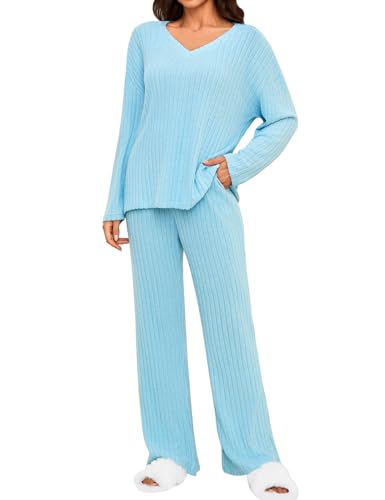 Tuopuda Zweiteiler Damen Lounge Set Rundhals Einfarbig Loungewear Gerippt Shirt Top Langärm mit Hose 2-Teiliges Hausanzug Jogginganzug Sporthose Sleepwear Freizeit Outfit, Blau, L von Tuopuda